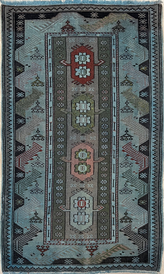 Milas small blue handmade wool vintage Turkish rug shop san francisco bay area. Buy rug online free shipping USA Canada.