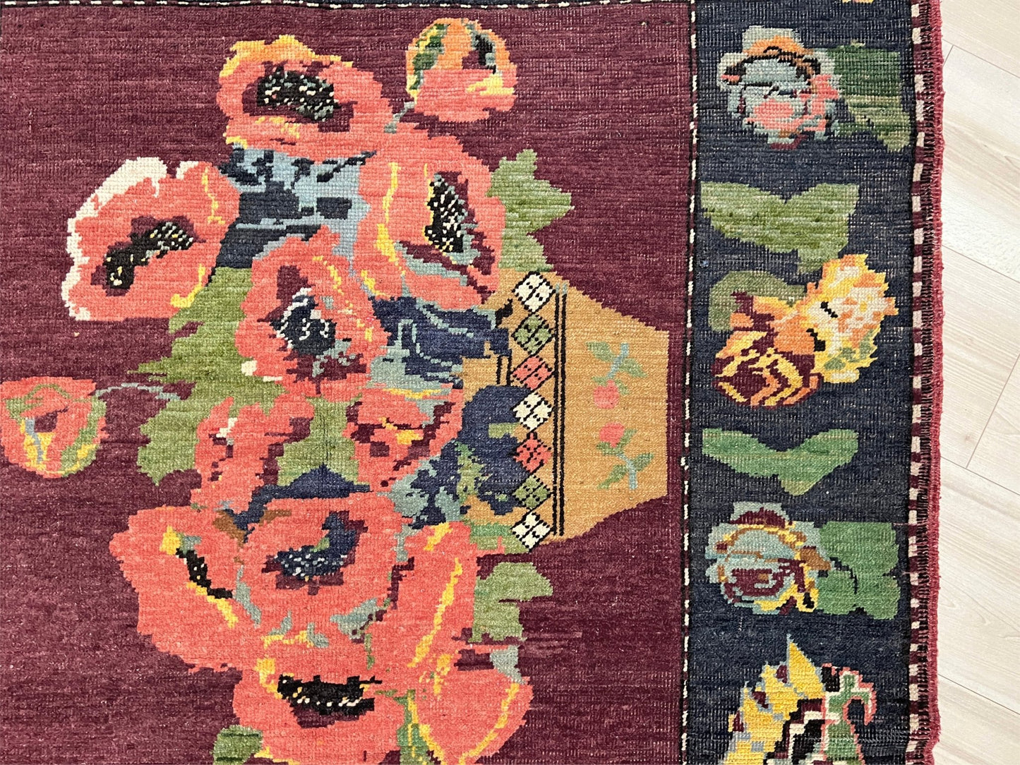 Pictoral floral caucasian rug wall hanging. Buy small handmade wool rug shop san francisco bay area berkeley. Buy rug online