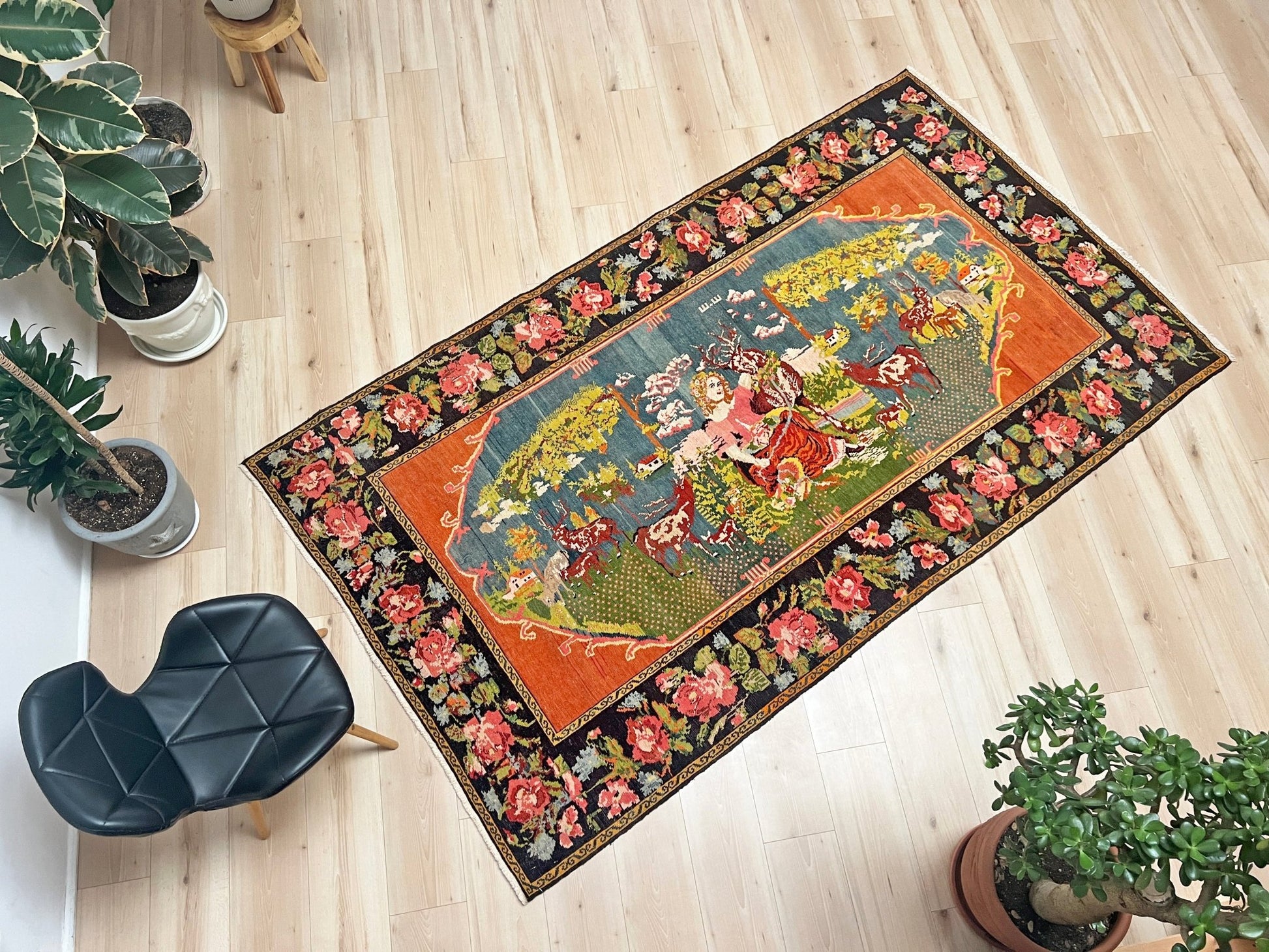 Pictoral floral caucasian rug wall hanging. Buy small handmade wool rug shop san francisco bay area berkeley. Buy rug online