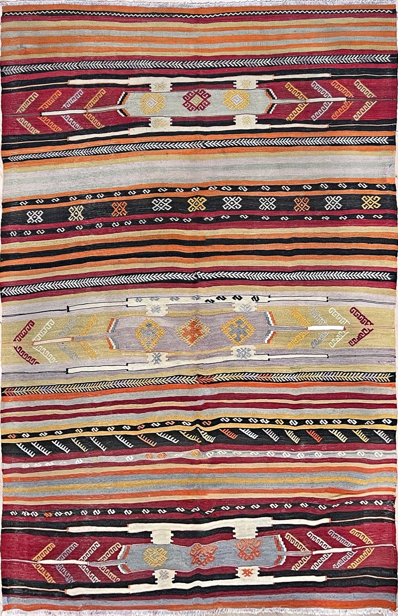 Sivas lambali turkish kilim rug shop San francisco bay area. Handmade vintage wool flatweave rug. Vibrant turkish striped rug.