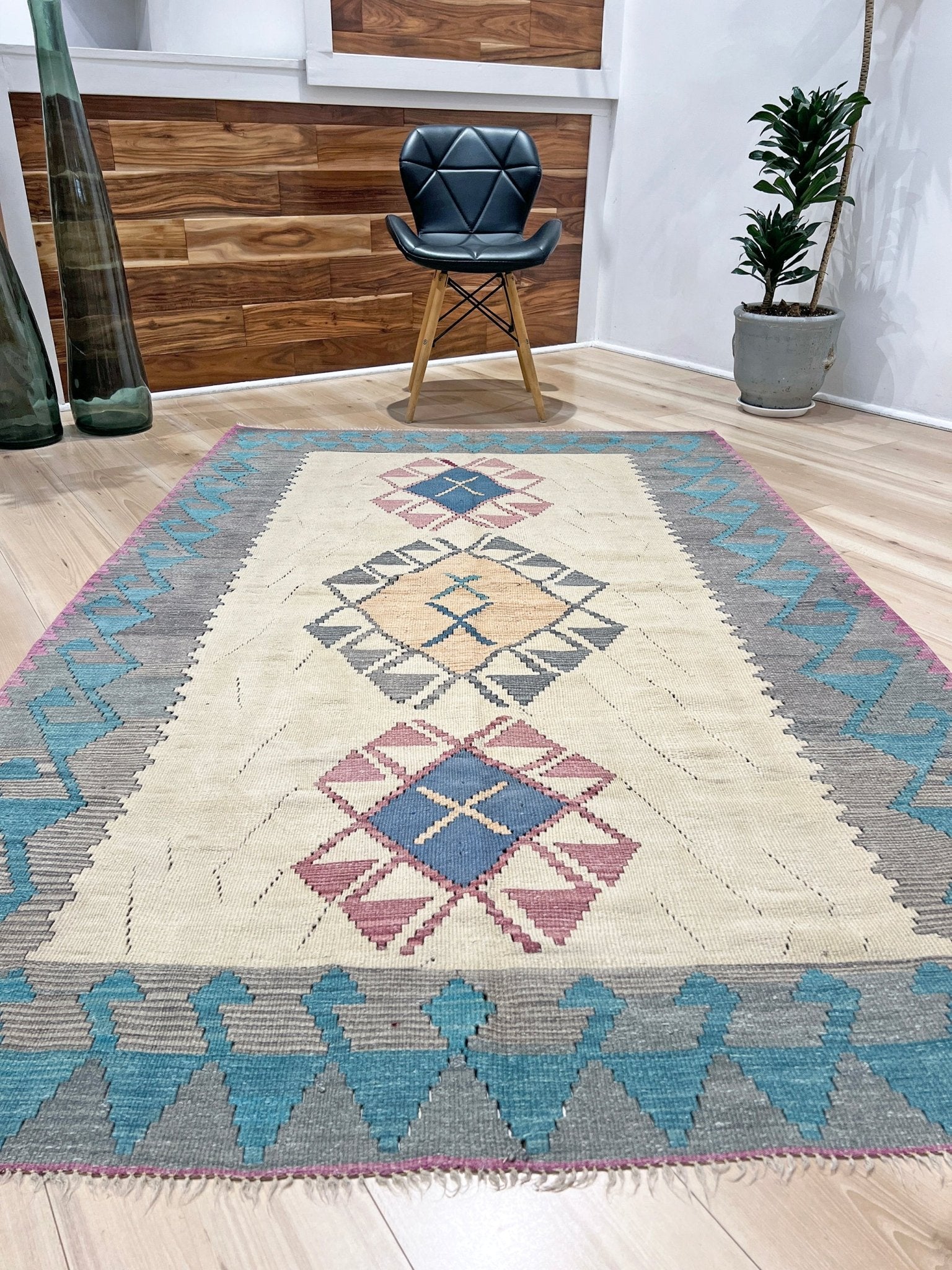 Tribal Turkish Kilim rug shop san francisco bay area. Navajo style blue flatweave rug.