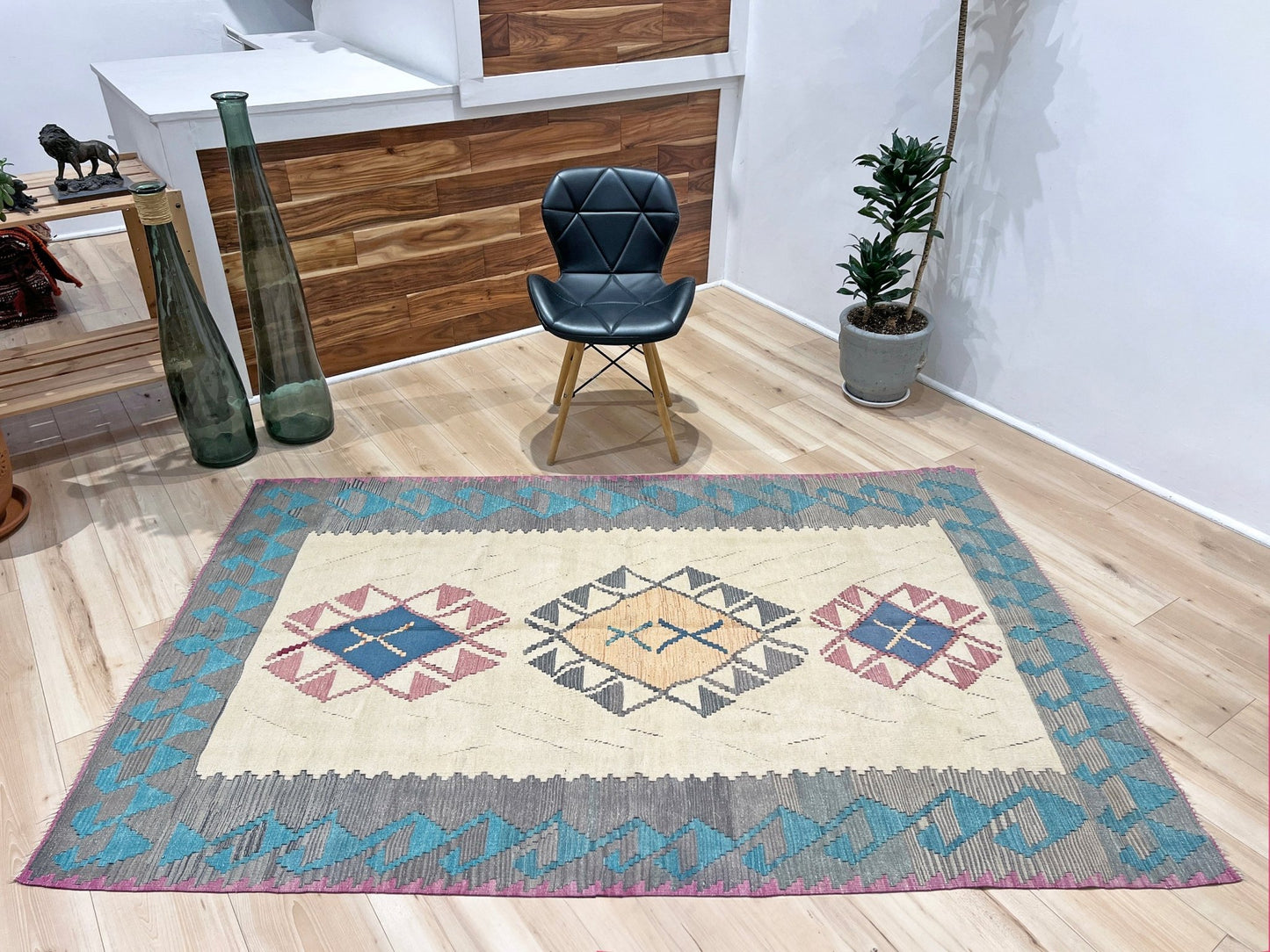 Tribal Turkish Kilim rug shop san francisco bay area. Navajo style blue flatweave rug.