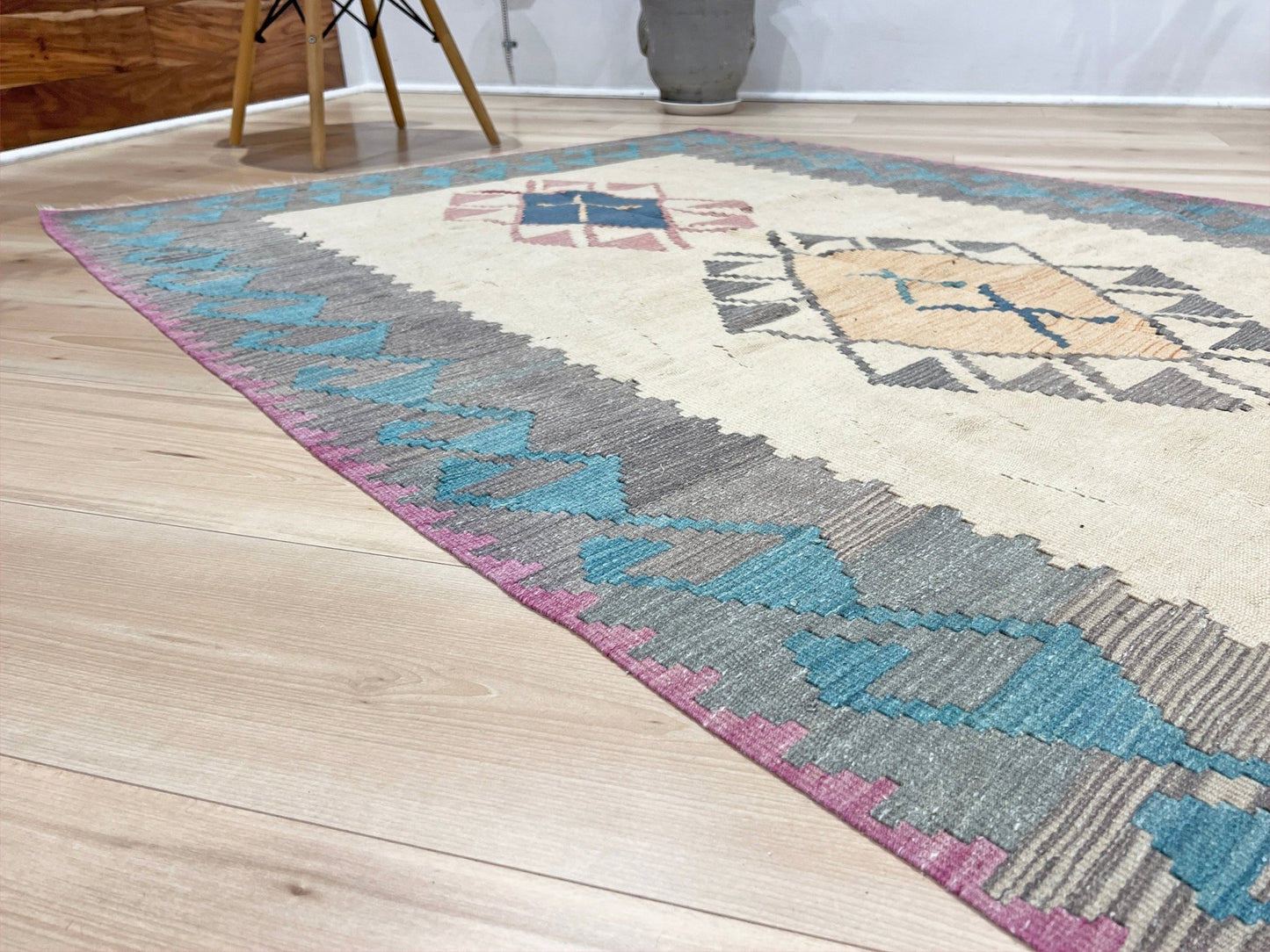 Tribal Turkish Kilim rug shop san francisco bay area. Navajo style blue flatweave rug.