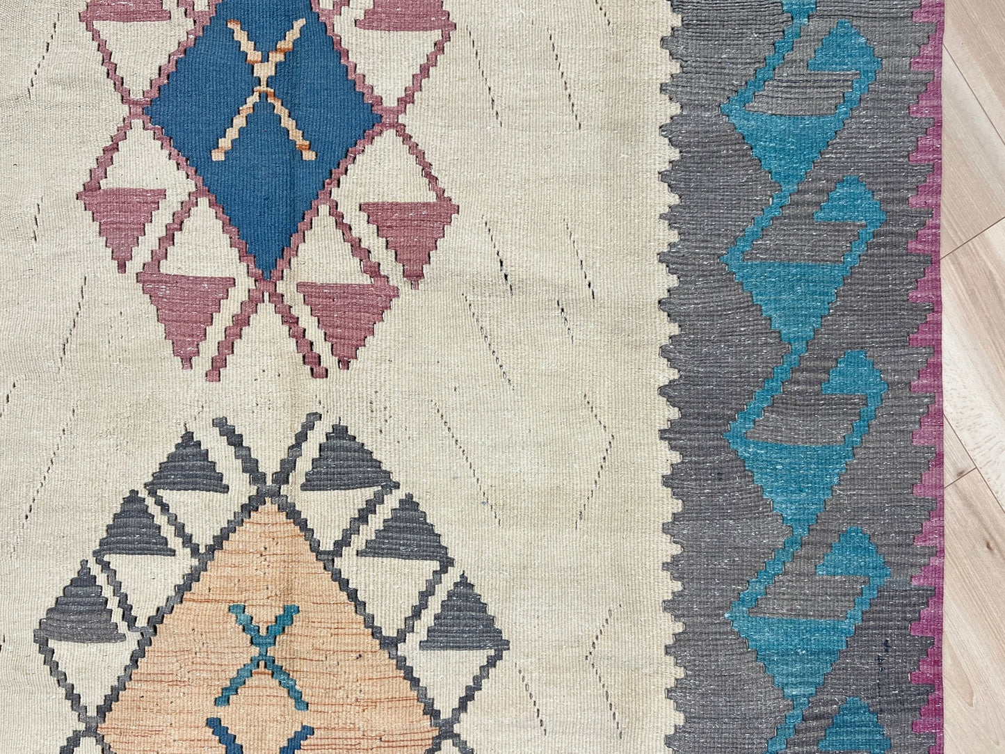 Tribal Turkish Kilim rug shop san francisco bay area. Navajo style blue flatweave rug.