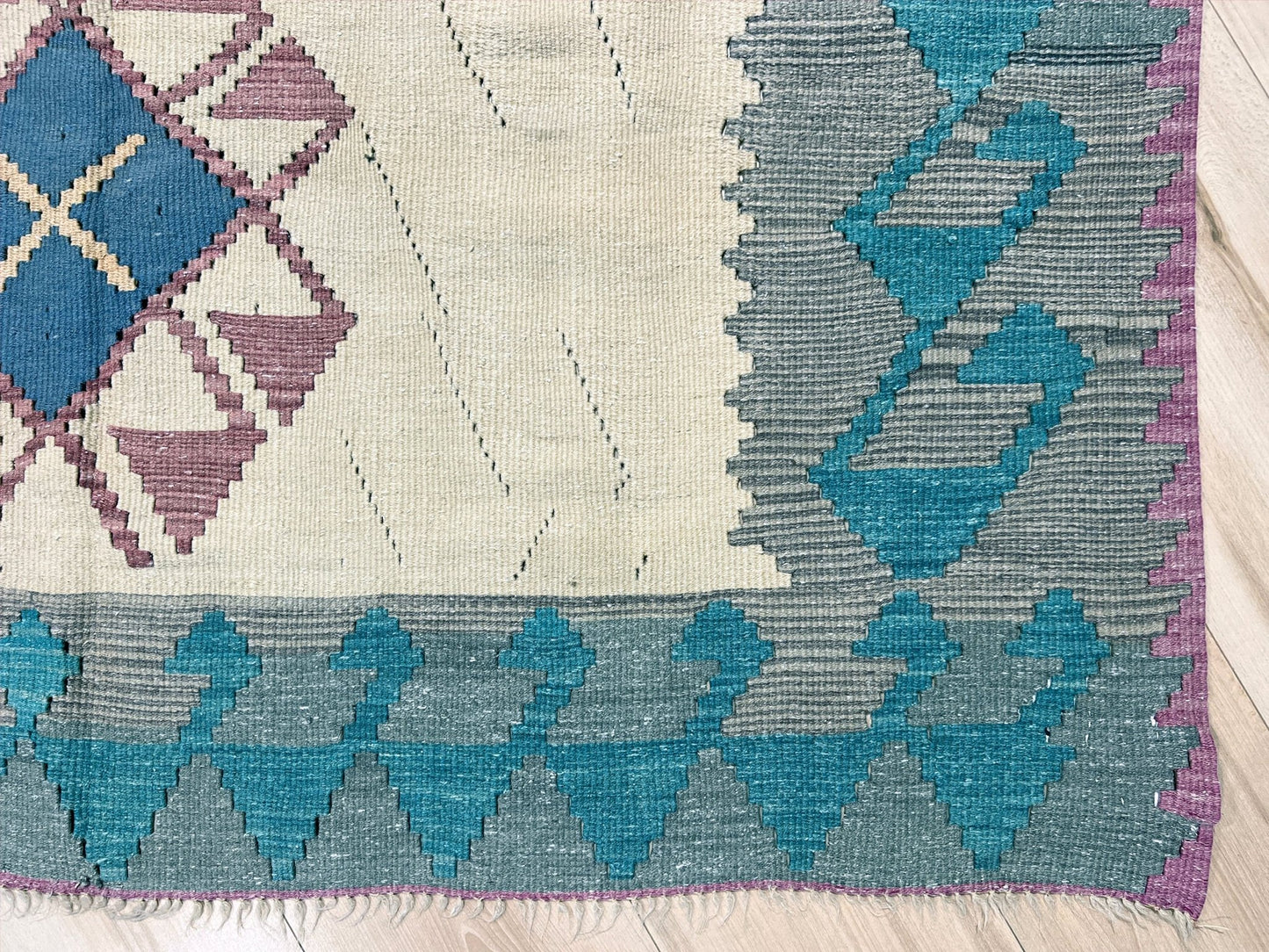 Tribal Turkish Kilim rug shop san francisco bay area. Navajo style blue flatweave rug.