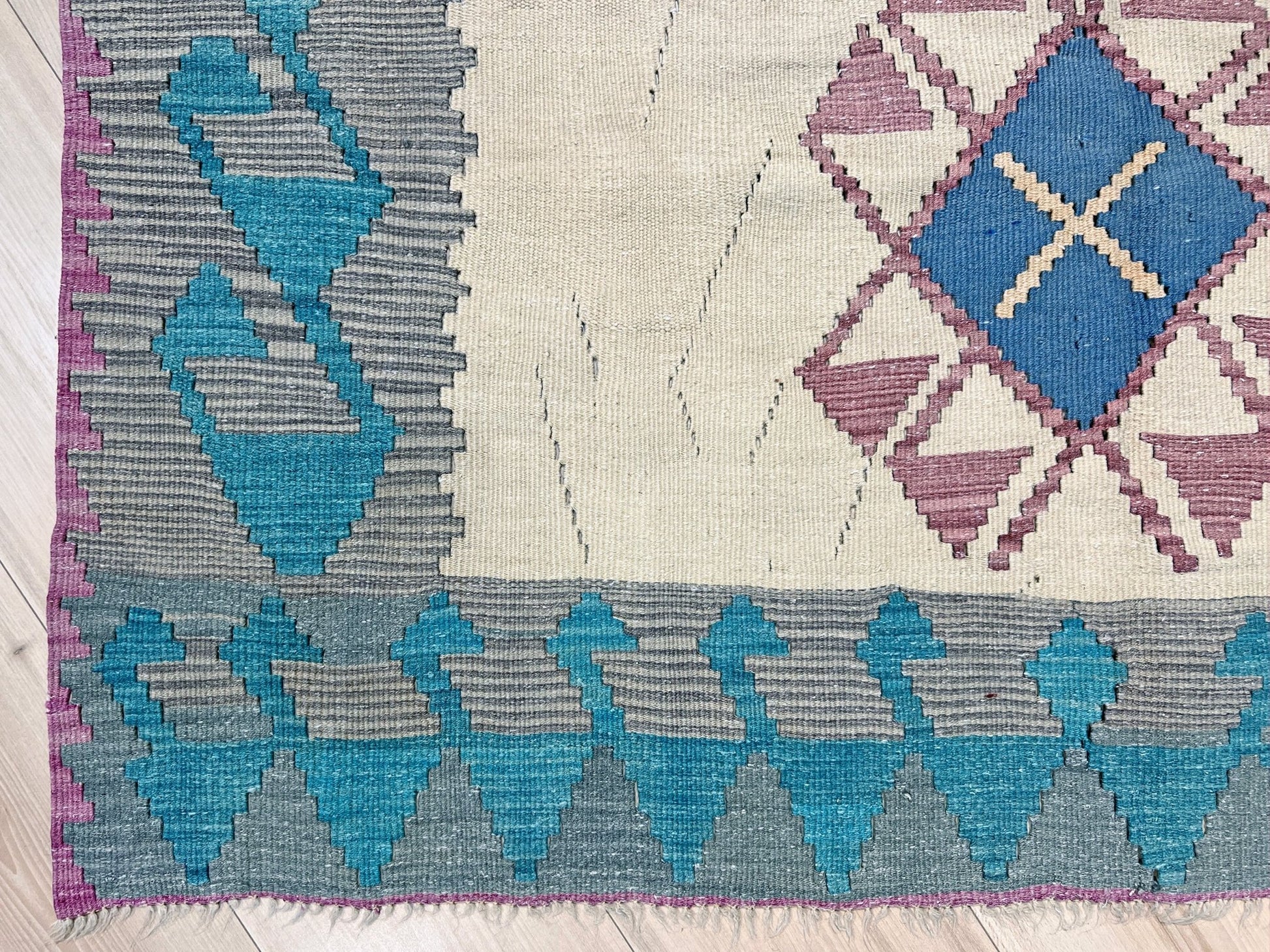 Tribal Turkish Kilim rug shop san francisco bay area. Navajo style blue flatweave rug.