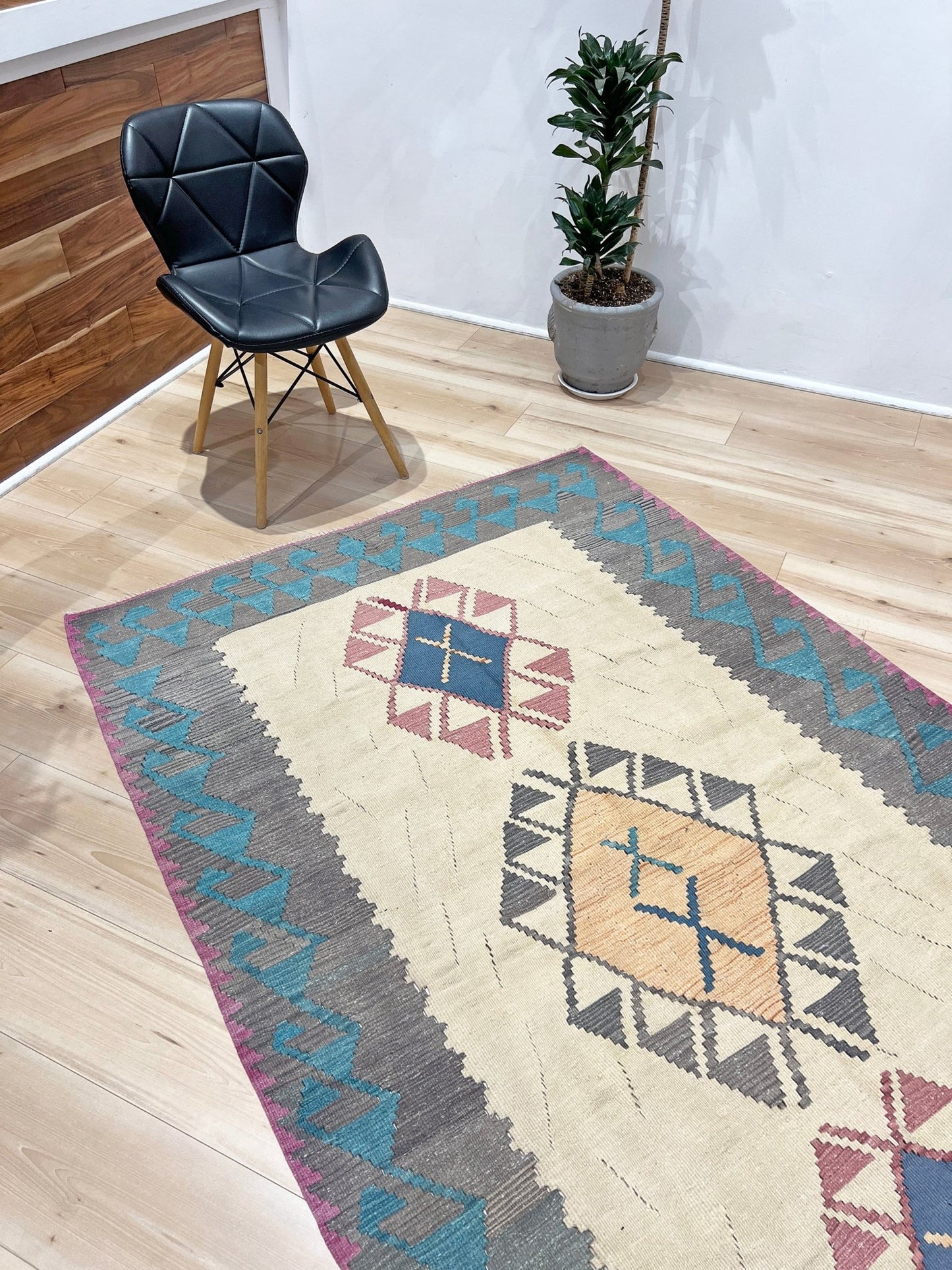 Tribal Turkish Kilim rug shop san francisco bay area. Navajo style blue flatweave rug.