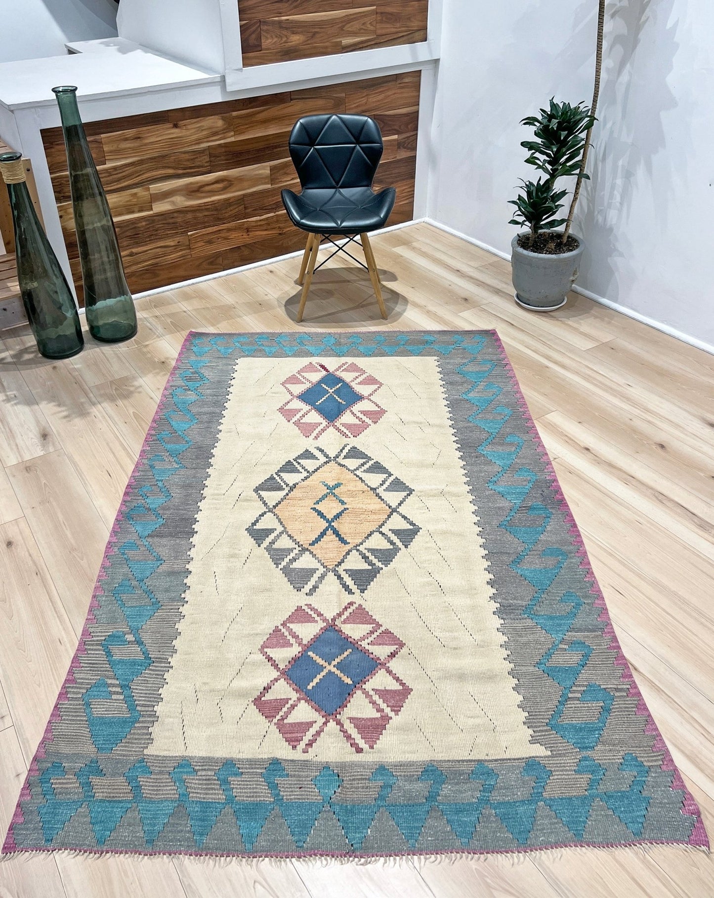 Tribal Turkish Kilim rug shop san francisco bay area. Navajo style blue flatweave rug.