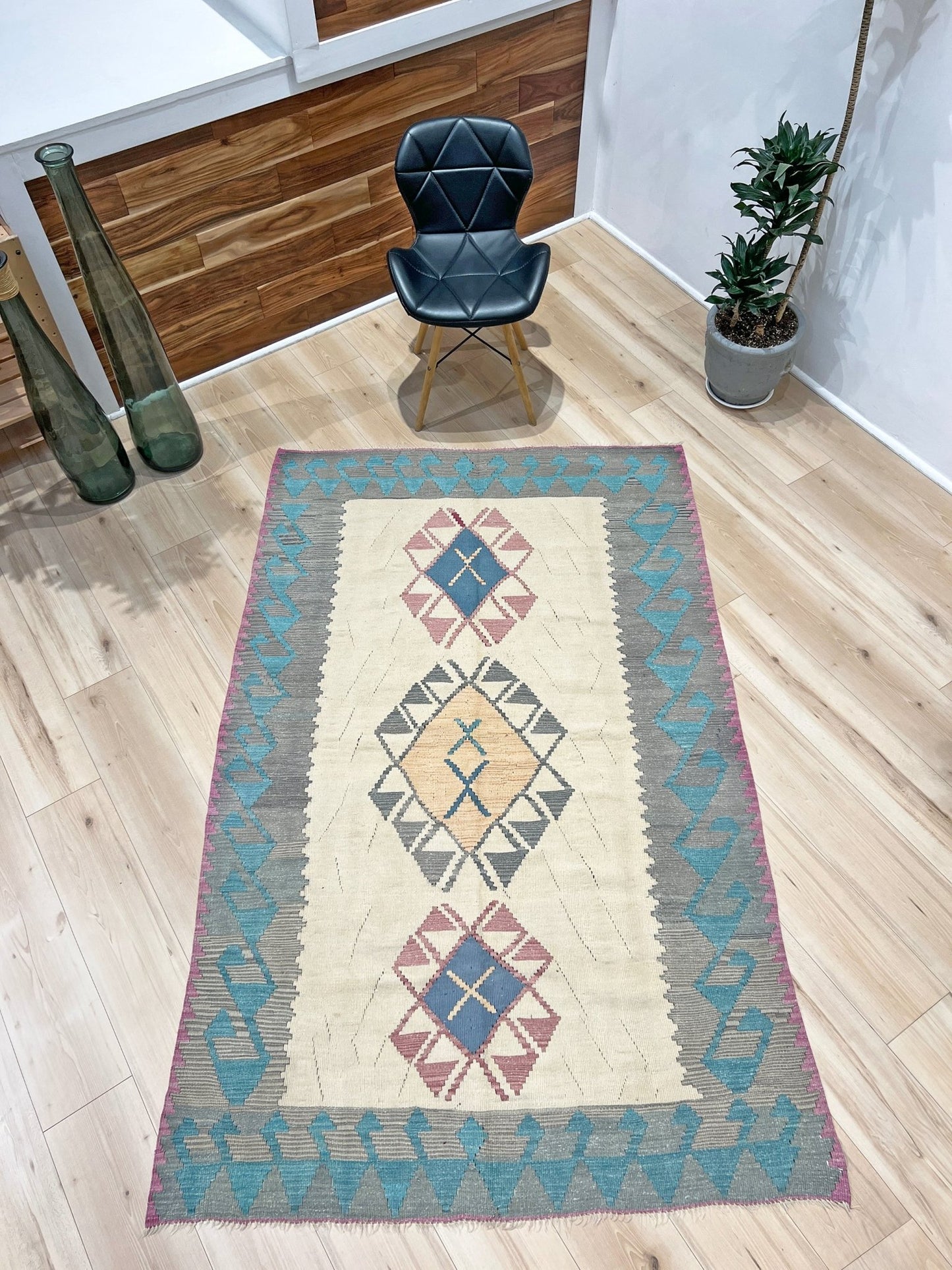 Tribal Turkish Kilim rug shop san francisco bay area. Navajo style blue flatweave rug.