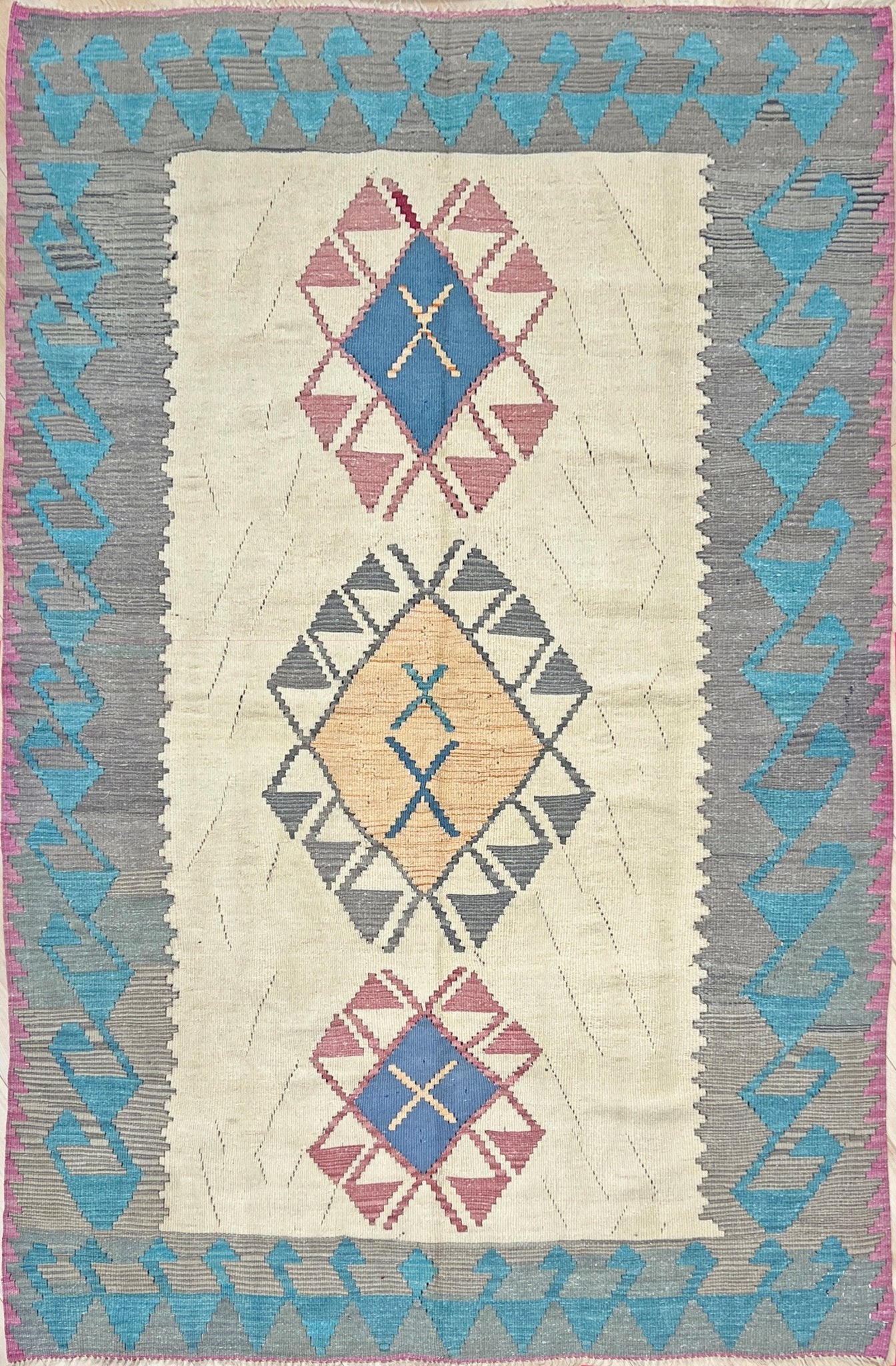 Tribal Turkish Kilim rug shop san francisco bay area. Navajo style blue flatweave rug.