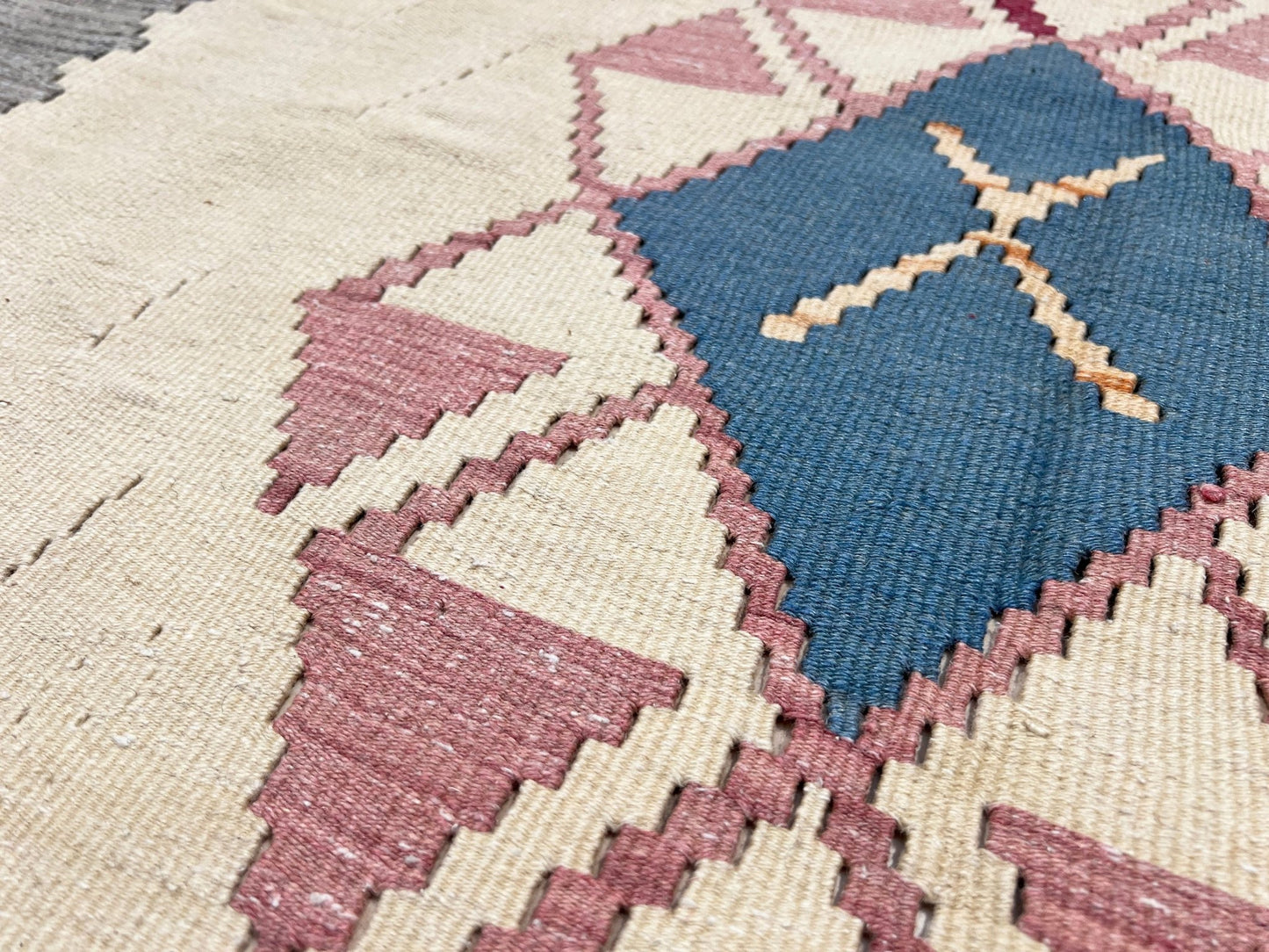 Tribal Turkish Kilim rug shop san francisco bay area. Navajo style blue flatweave rug.