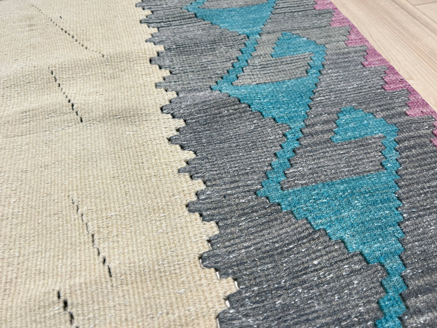 Tribal Turkish Kilim rug shop san francisco bay area. Navajo style blue flatweave rug.