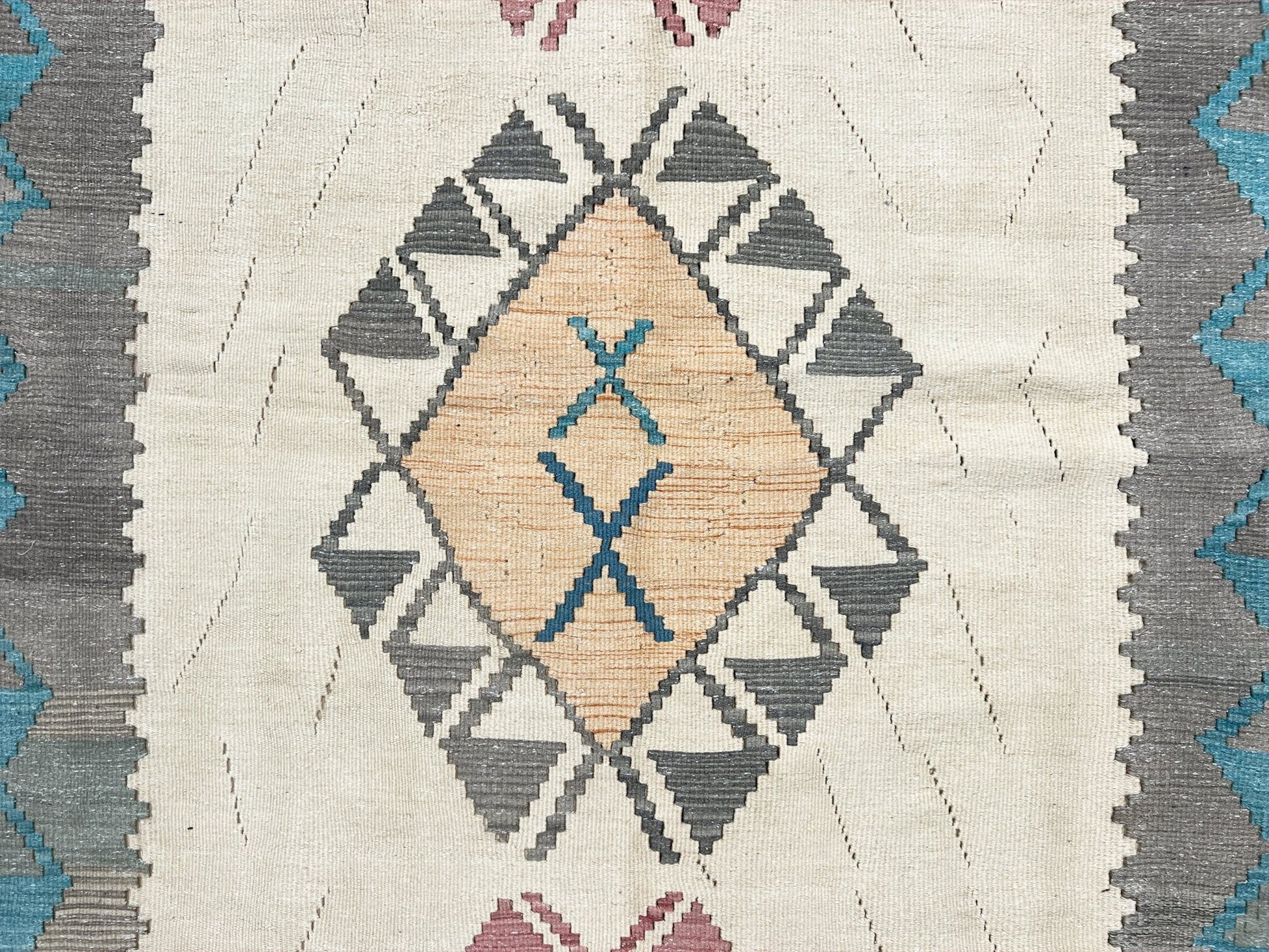 Tribal Turkish Kilim rug shop san francisco bay area. Navajo style blue flatweave rug.