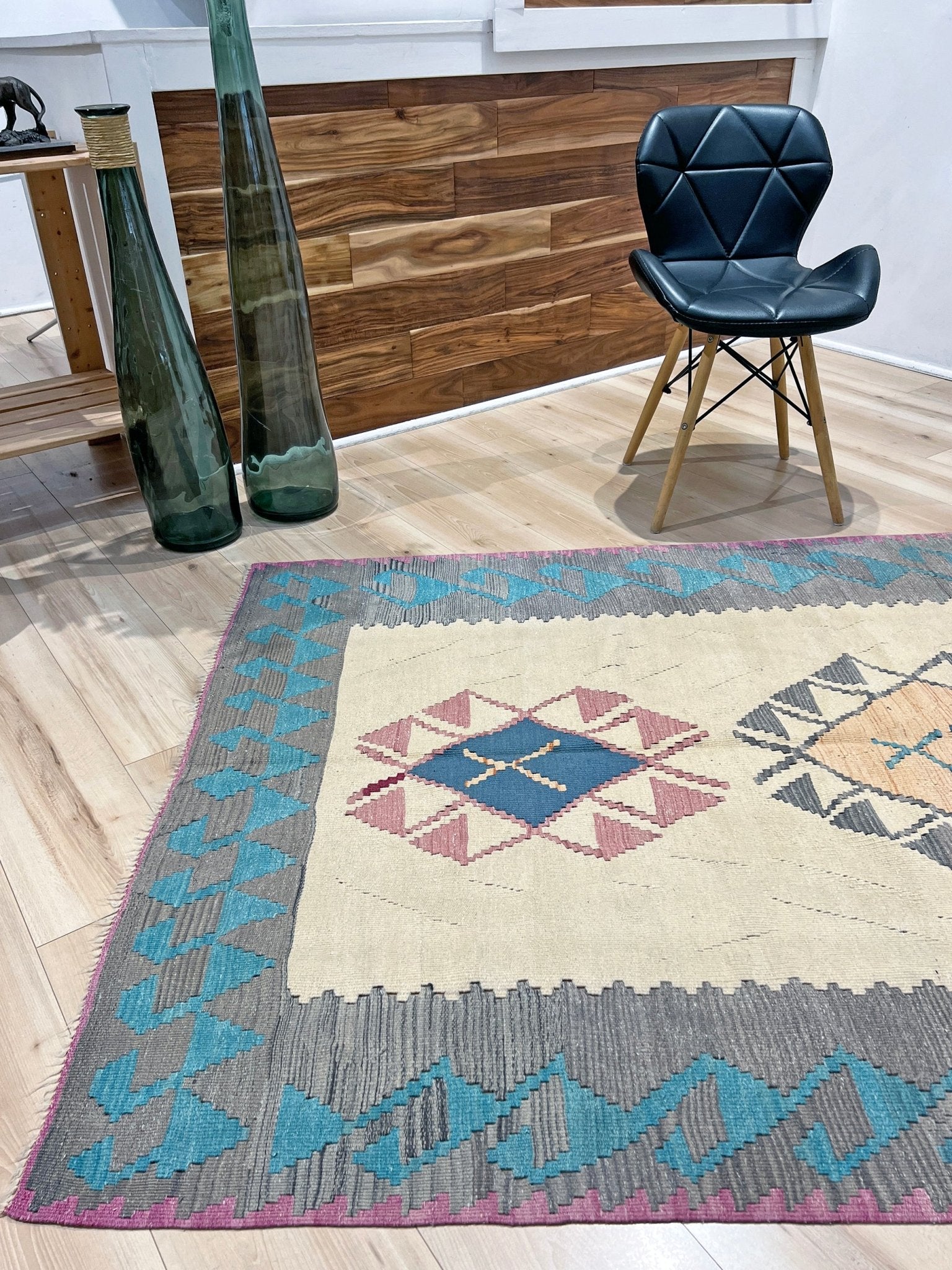 Tribal Turkish Kilim rug shop san francisco bay area. Navajo style blue flatweave rug.